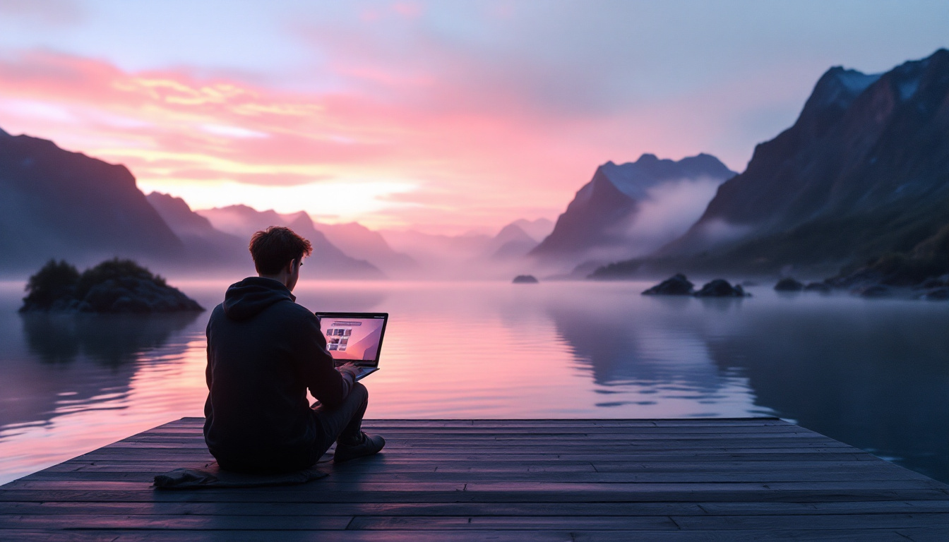 Ein Mensch arbeitet konzentriert im Morgengrauen an einem Schreibtisch über einem Fjord