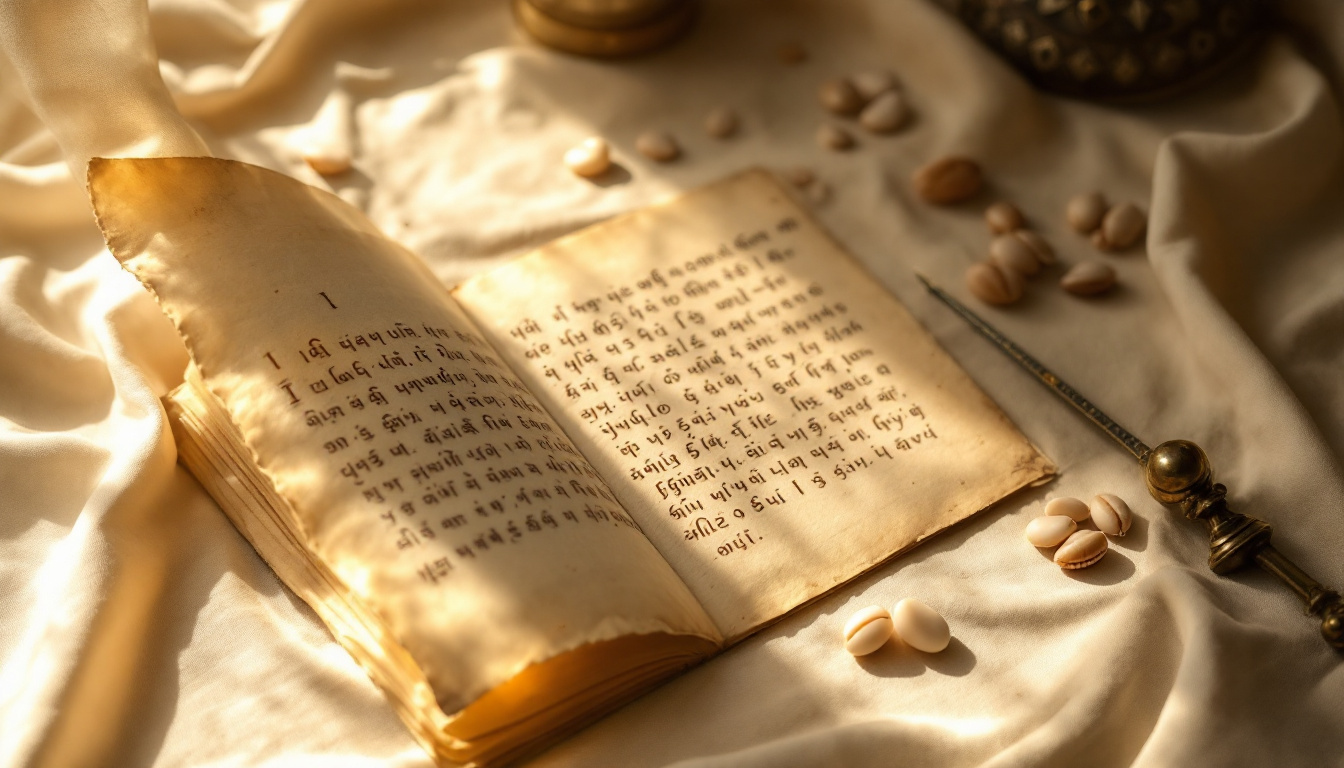 Palmblatt-Manuskript mit Tamil-Schrift neben einem antiken Messing-Rechengerät — die Herkunft des Namens gannaca